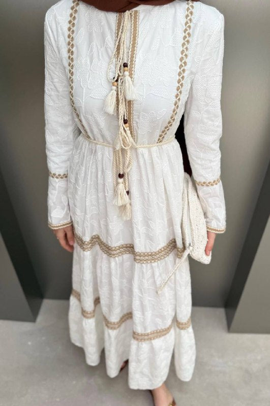 White Embroidered Boho Maxi Dress with Long Sleeves The Levant Swan White Embroidered Boho Maxi Dress with Long Sleeves The Levant Swan