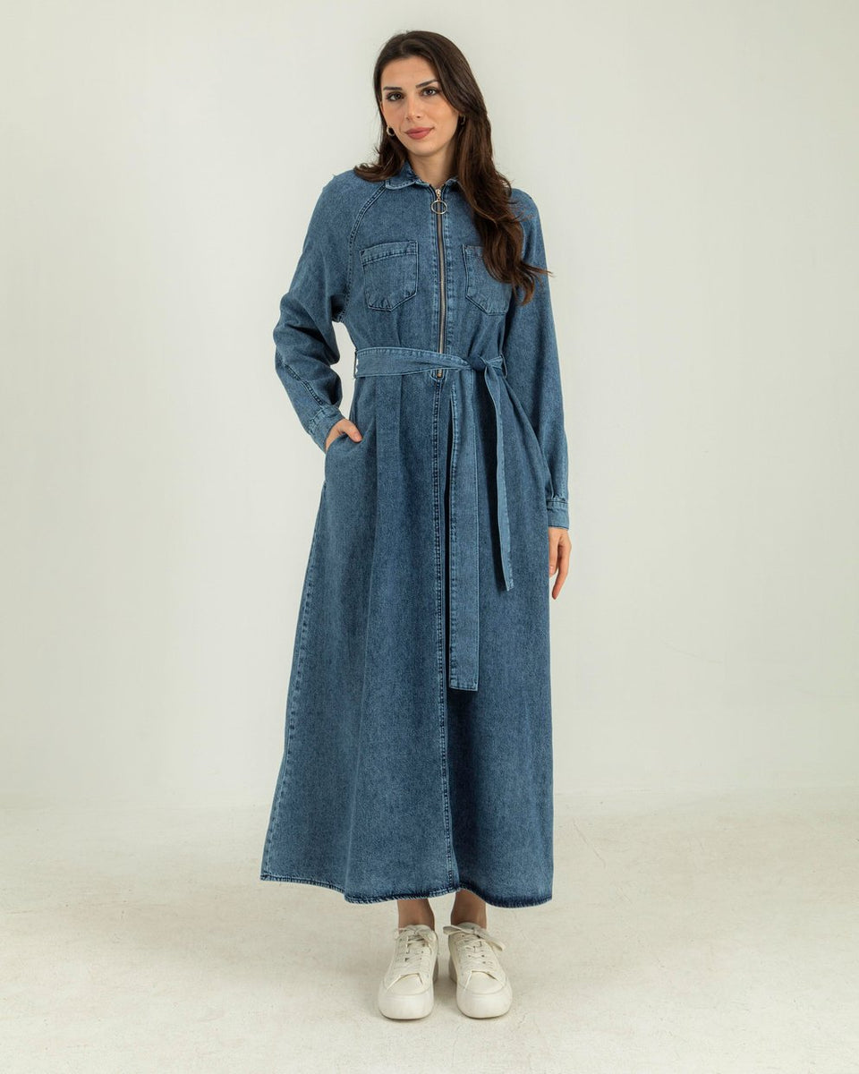 Zipper Front Belted Denim Long Dress – The Levant Swan