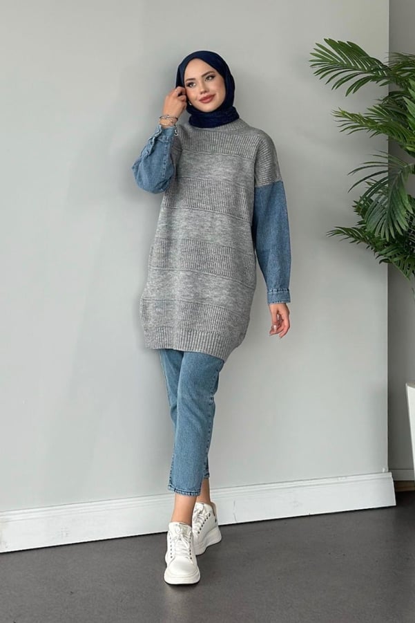 Denim Sleeve Knit Sweater