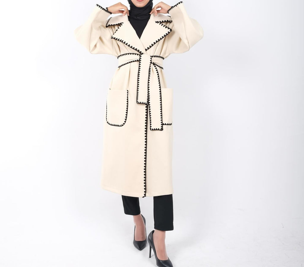 Contrast-Trim Wool Wrap Coat