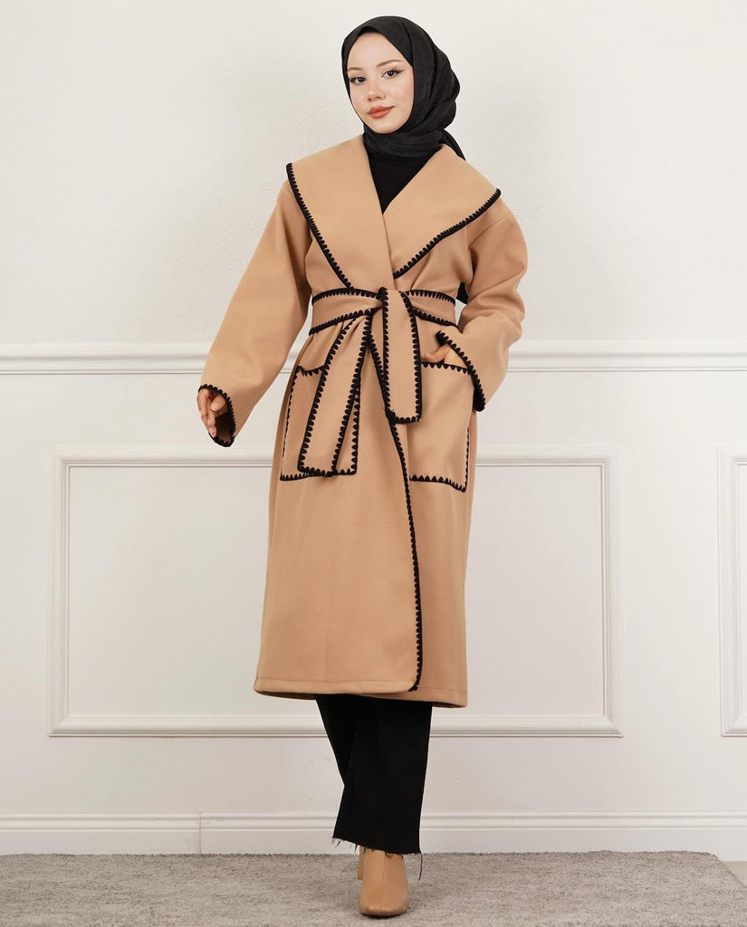 Contrast-Trim Wool Wrap Coat