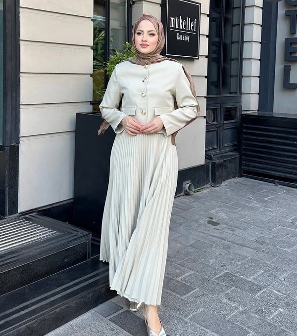 Elegant Pleated Skirt Suit Set – Gold Button Blazer