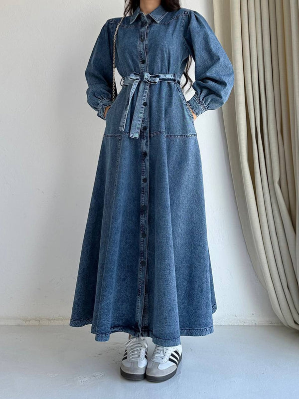 Full Button-Front Belted Denim Maxi Dress