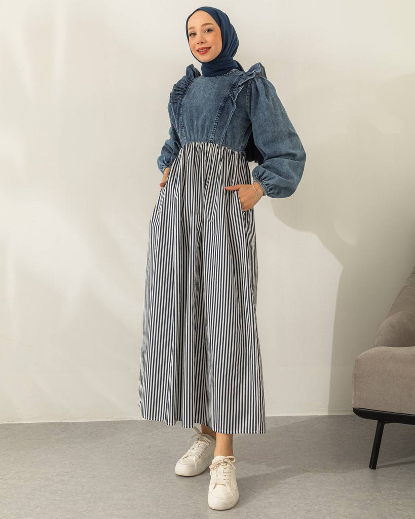 Ruffled Denim and Striped Maxi Dress