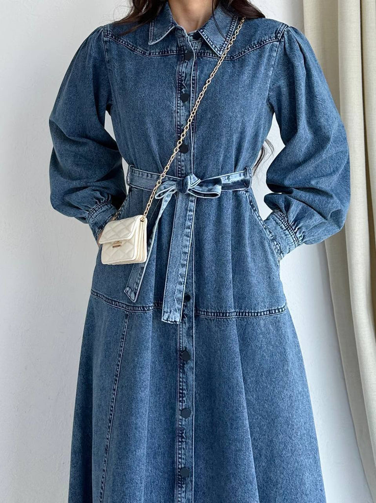 Full Button-Front Belted Denim Maxi Dress