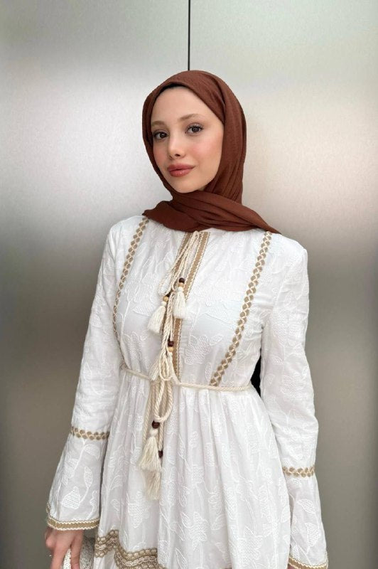 white boho maxi dress long sleeve Embroidered with Sleeves – The Levant Swan Color:Vintage Wash wid:X-Wide designed to capture effortless Norma Kamali | Norma
