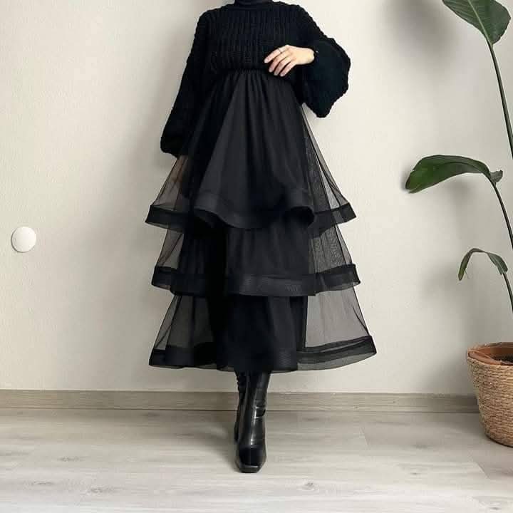 Black Layered Tulle Maxi Skirt