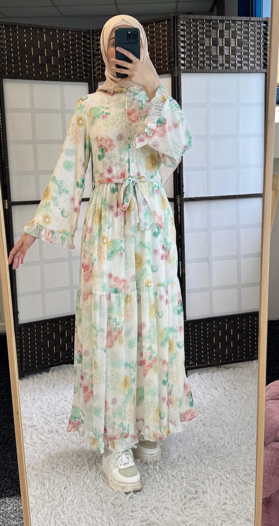 Floral Print Maxi Dress with Belt – Long Sleeve