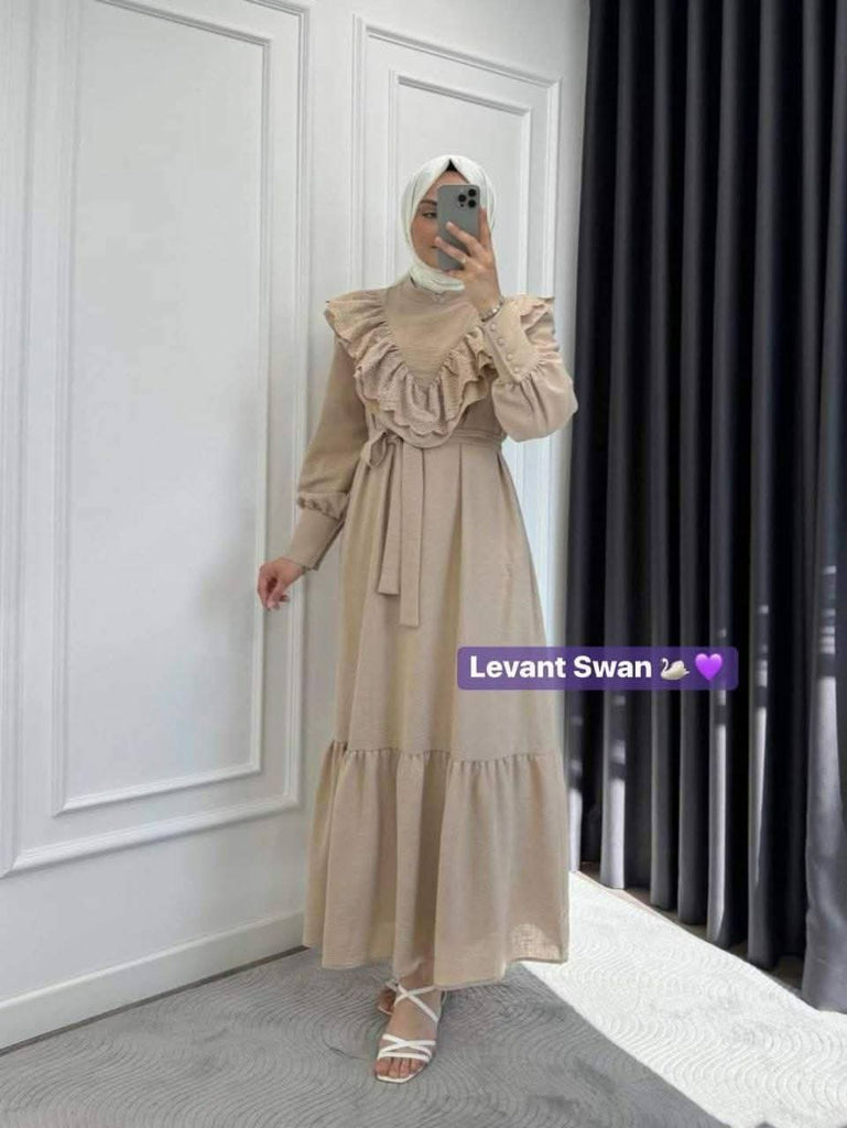 Ruffle Detail Modest Dress with Belt