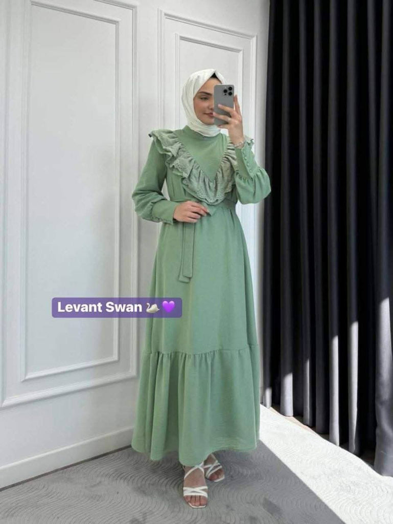 Ruffle Detail Modest Dress with Belt