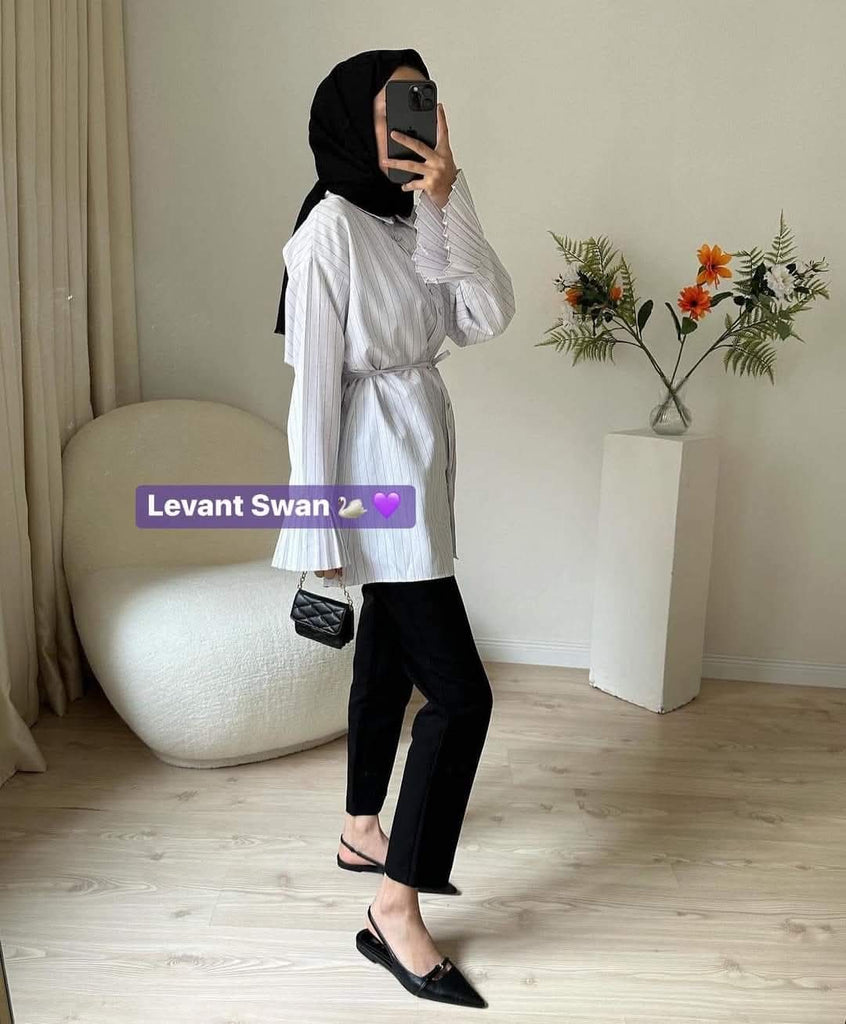 Striped Pleated Sleeve Shirt with Belt – Elegant Casual Blouse