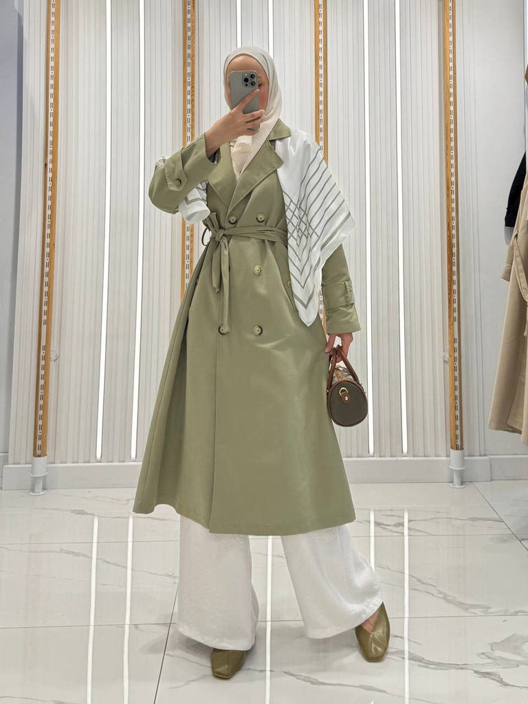 Elegant Belted Modest Trench Coat with Scarf Detail