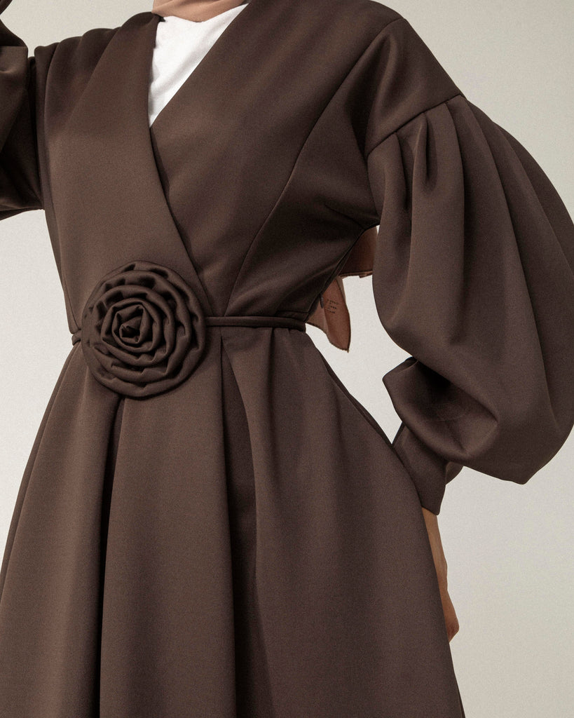 Scuba Dress with Floral Belt in Earthy Tones