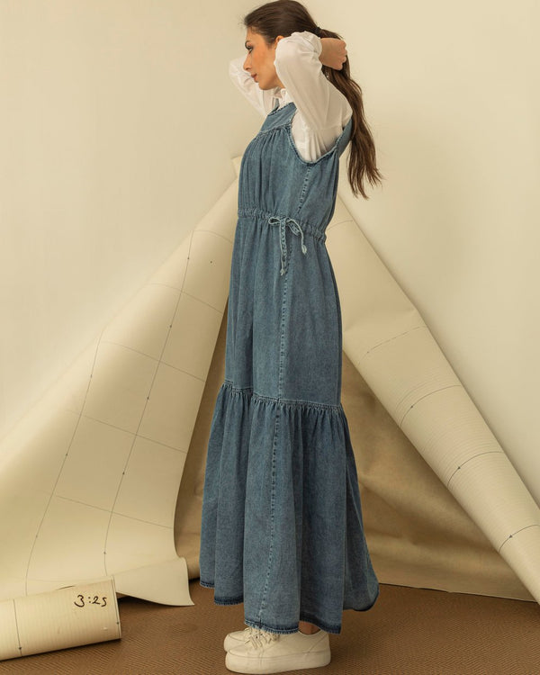 Sleeveless Belted Denim Maxi Dress