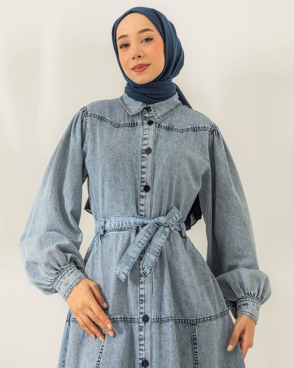 Full Button-Front Belted Denim Maxi Dress