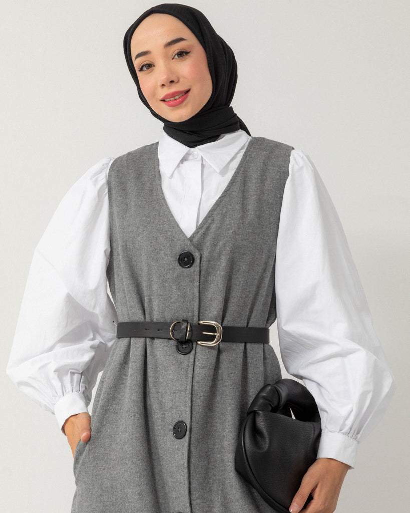 Buttoned Gray Pinafore Dress