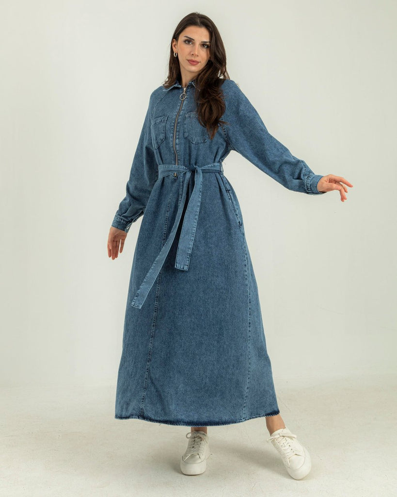 Zipper Front Belted Denim Long Dress – The Levant Swan