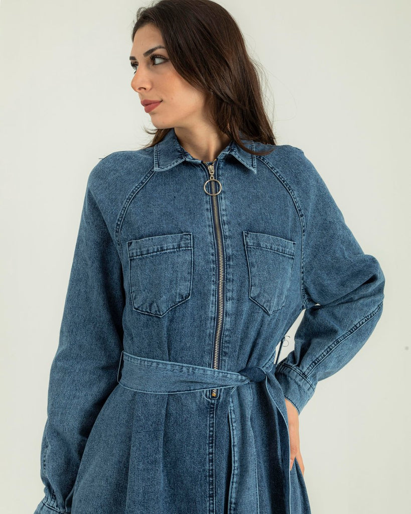 Zipper Front Belted Denim Long Dress – The Levant Swan