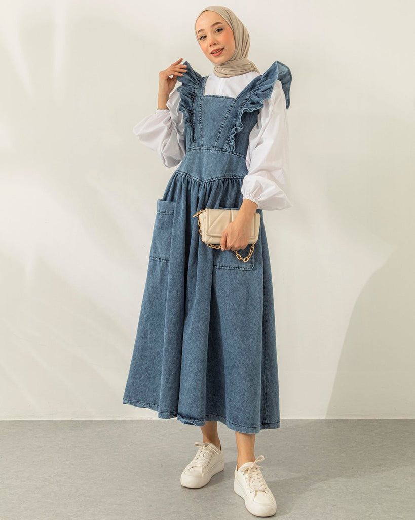 Denim pinafore long dress hotsell