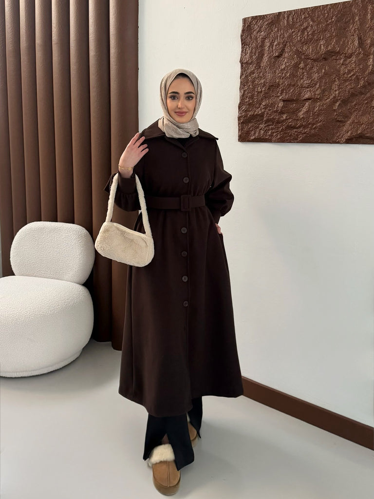 Elegant Belted Long Coat – Modest Chic Collection