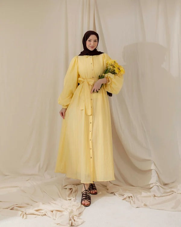 Elegant Balloon Sleeve Buttoned Maxi Dress