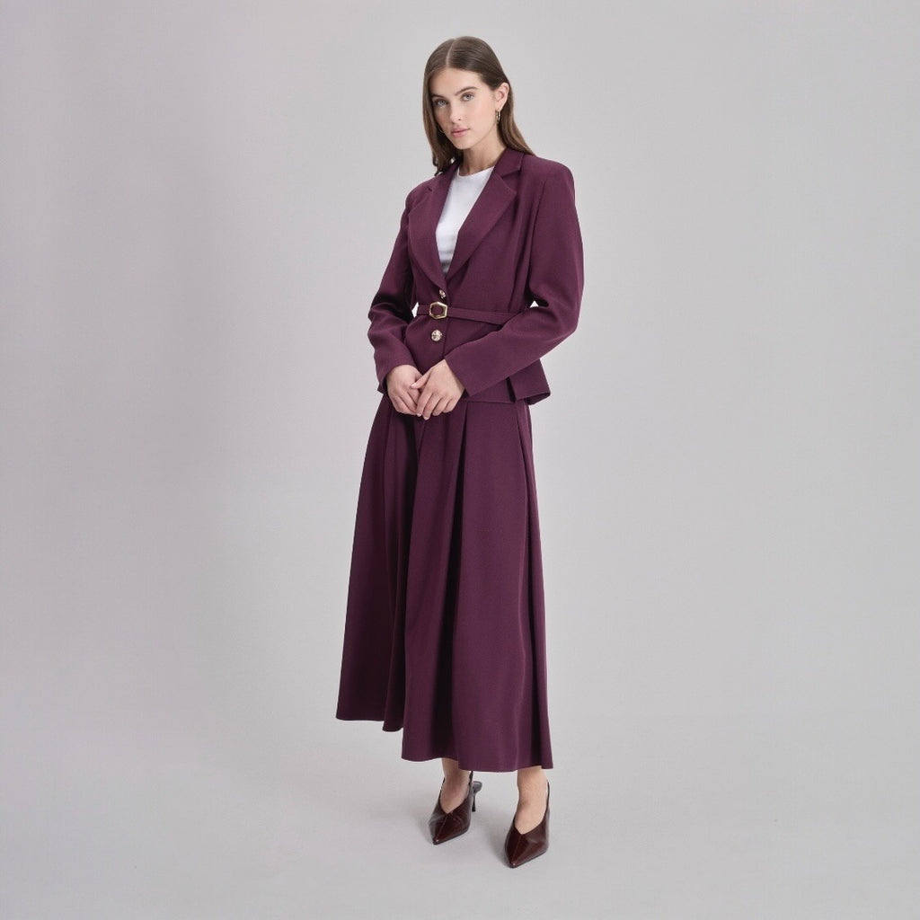 Elegant Belted Blazer & Pleated Maxi Skirt Set - Two-Piece Modest Suit