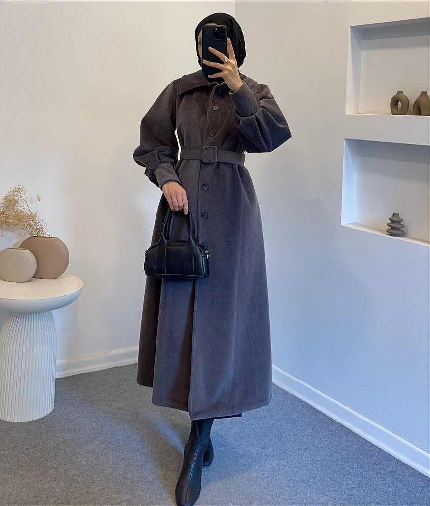 Elegant Modest Wool Belted Coat – Winter Collection