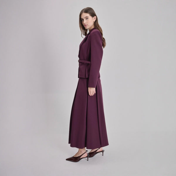 Elegant Belted Blazer & Pleated Maxi Skirt Set - Two-Piece Modest Suit