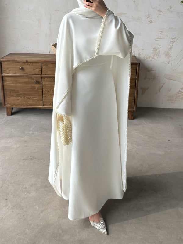 Pearl-Edged Cape Maxi Dress