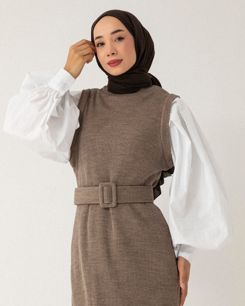 Belted Corduroy Dress with Puff Sleeves