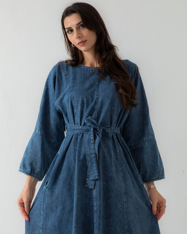 Casual Belted Denim Long Dress - One Size