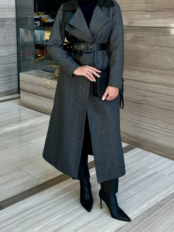 Elegant Textured Long Coat with Faux Leather Details