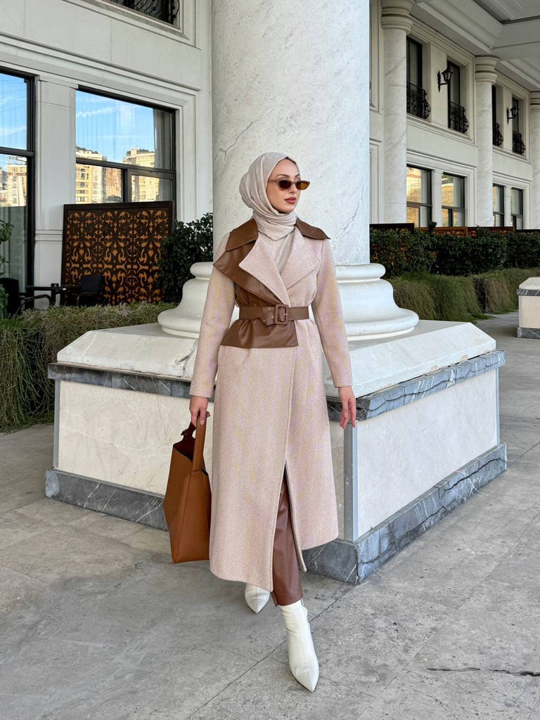 Elegant Textured Long Coat with Faux Leather Details