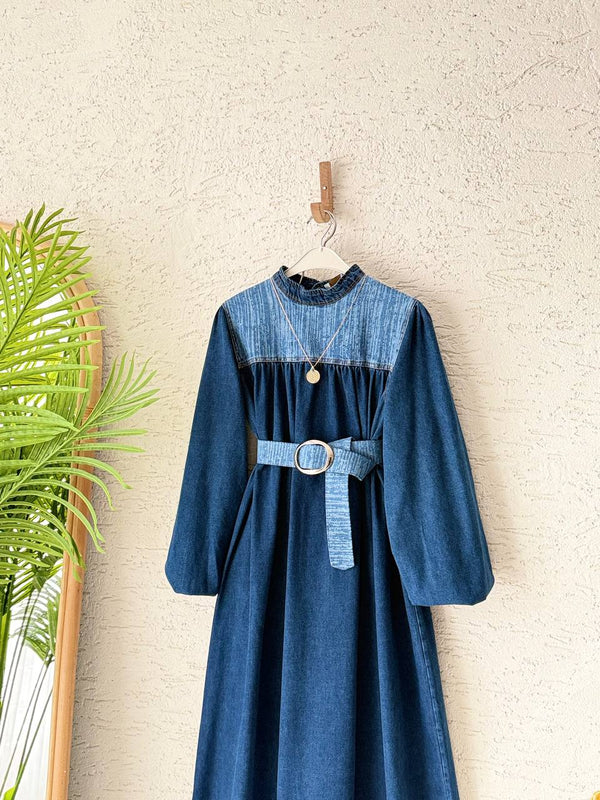 Denim Maxi Dress with Belt