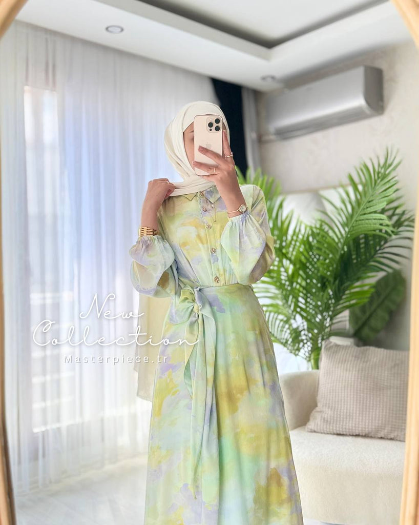 Watercolor Tie-Waist Modest Maxi Dress