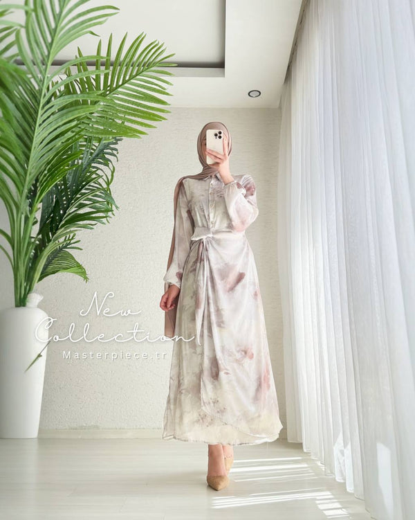 Watercolor Tie-Waist Modest Maxi Dress