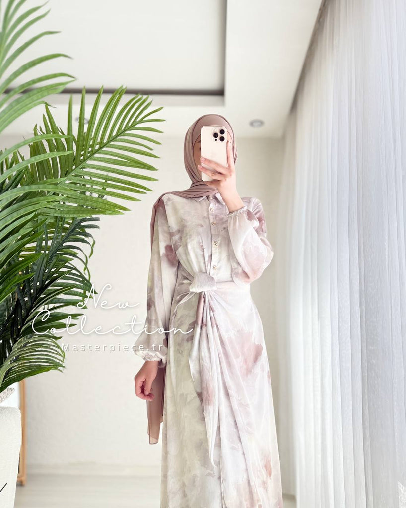 Watercolor Tie-Waist Modest Maxi Dress