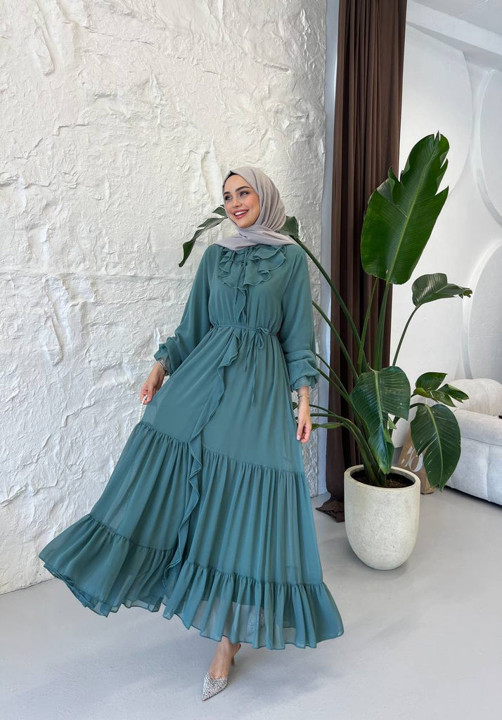 sachin and babi light blue dress Bridesmaid Dresses for Long Modest V Neck Chiffon Dress with Short Sleeves main image 0