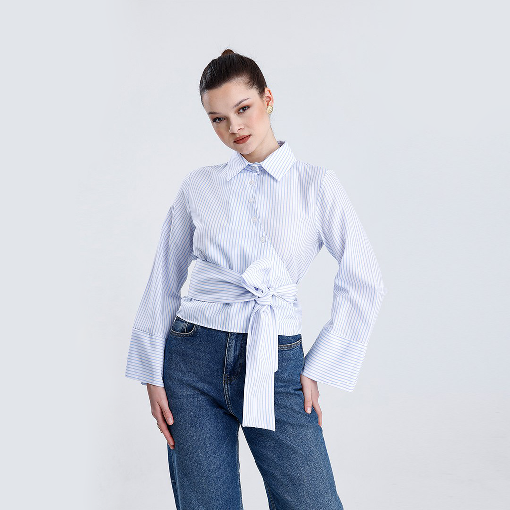 Striped Wrap Shirt with Tie