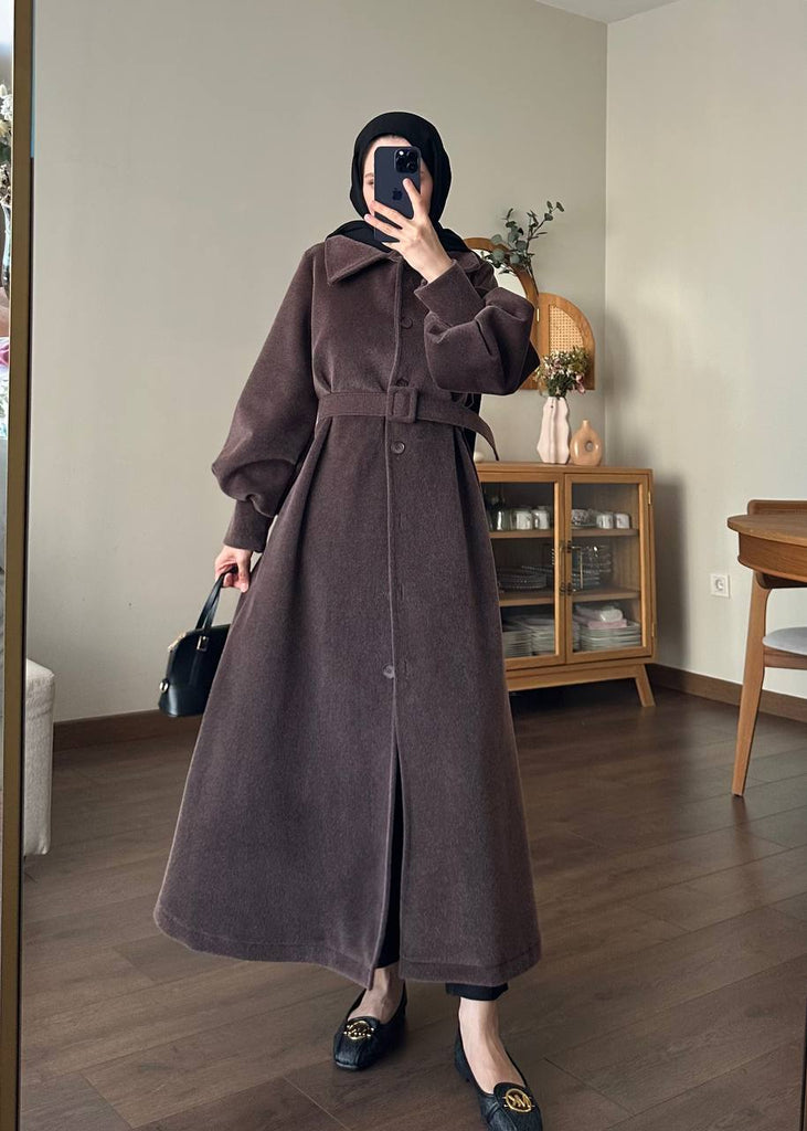 Elegant Modest Wool Belted Coat – Winter Collection
