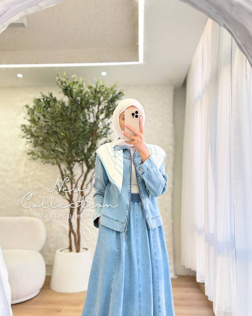 Denim Two-Piece Modest Set – Jacket & Maxi Skirt – The Levant Swan