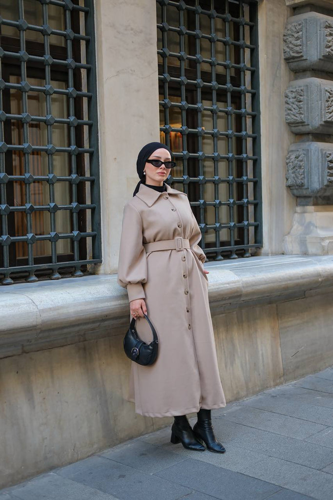 Elegant Belted Long Coat – Modest Chic Collection