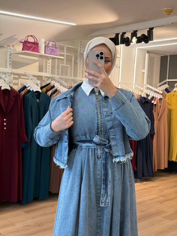 Denim Maxi Dress with Detachable Jacket