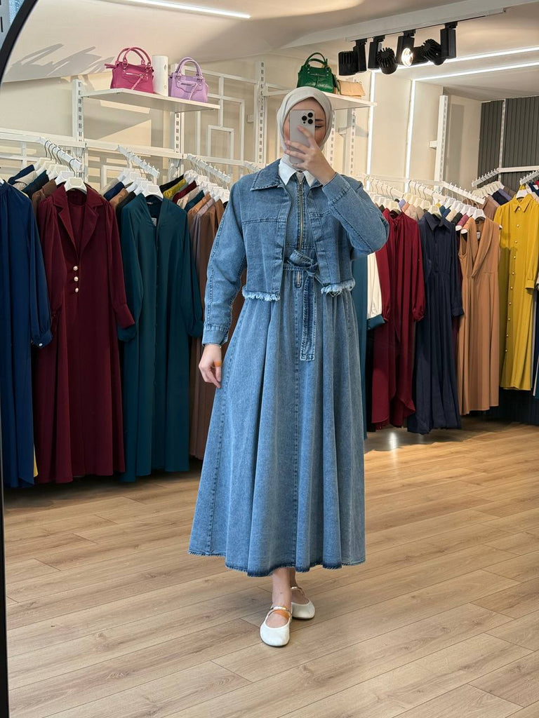 Denim Maxi Dress with Detachable Jacket