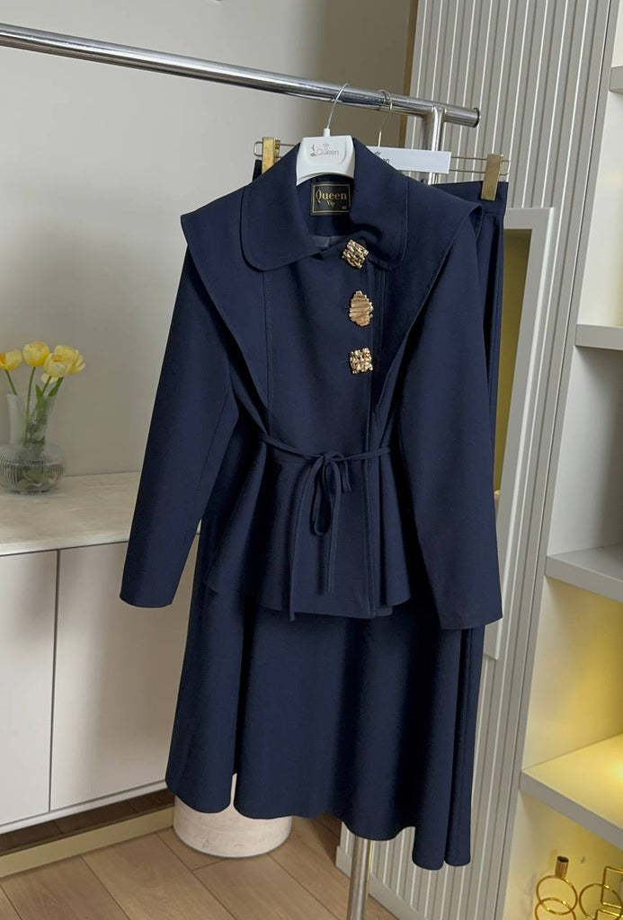 Elegant Belted Modest Suit Set with Maxi Skirt