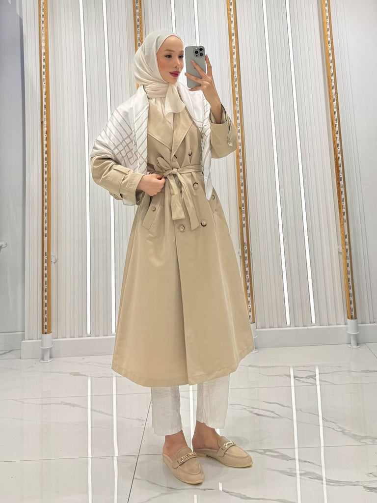 Elegant Belted Modest Trench Coat with Scarf Detail