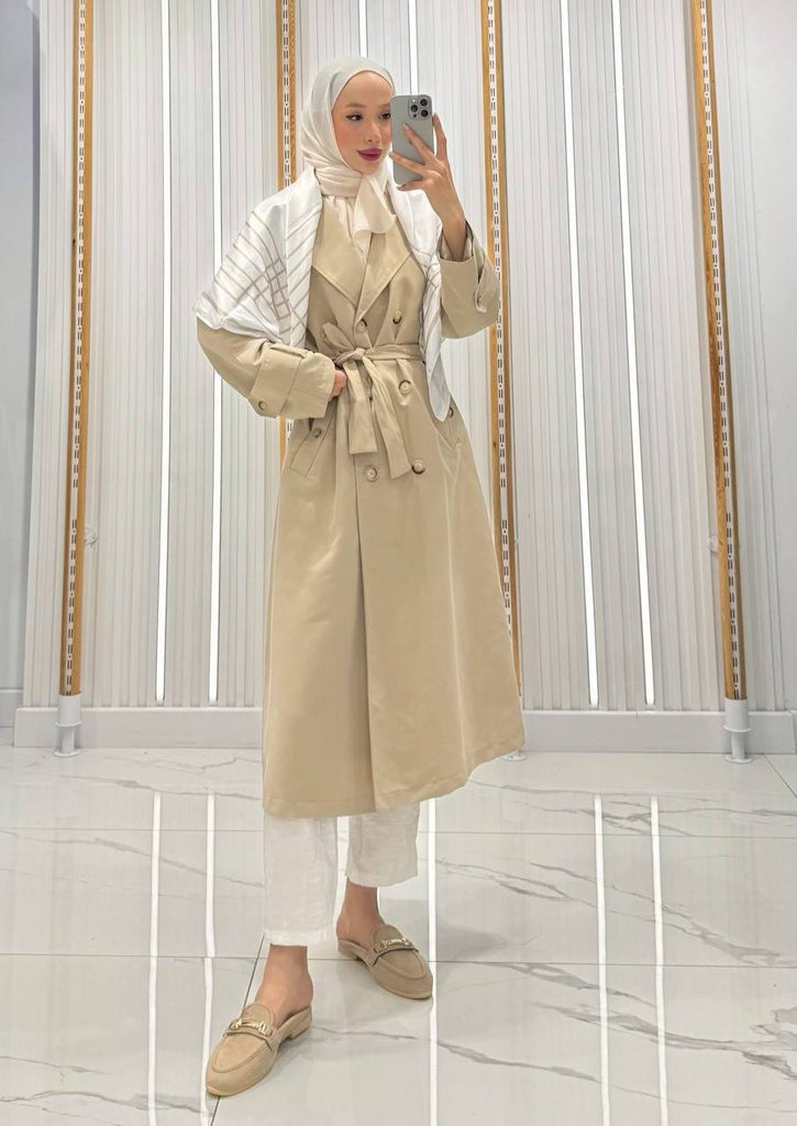 Elegant Belted Modest Trench Coat with Scarf Detail