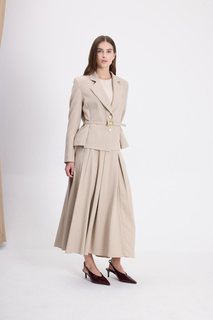 Elegant Belted Blazer & Pleated Maxi Skirt Set - Two-Piece Modest Suit